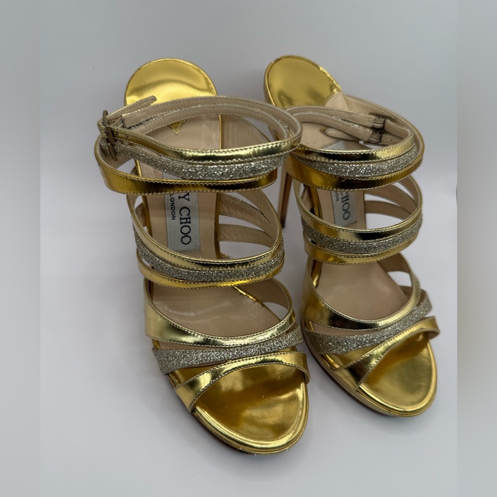 Jimmy Choo Metallic Gold Leather and Coarse Glitter Cage Open Toe Sandals